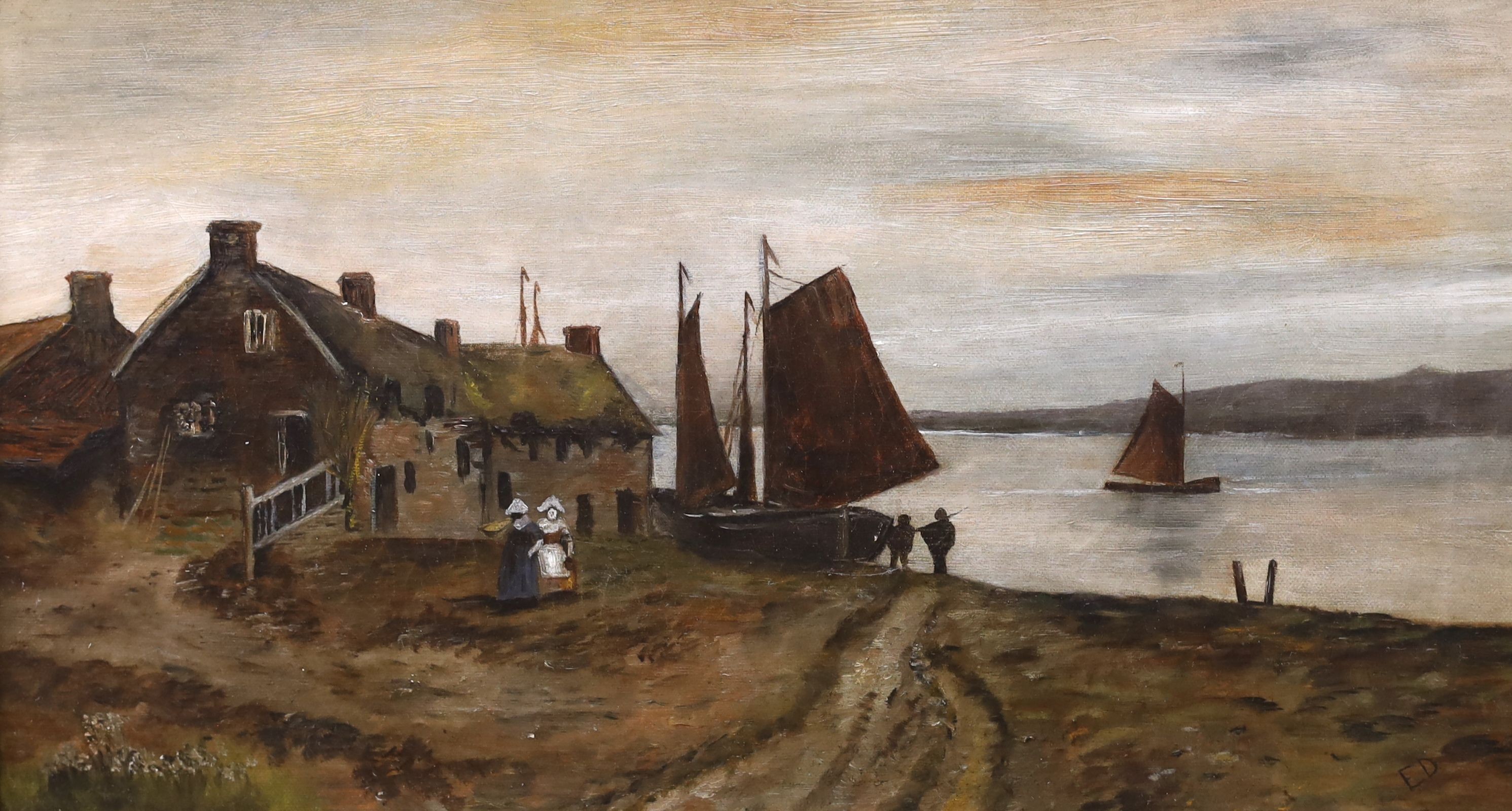 E.D. c.1900, oil on canvas, Figures in a coastal landscape, initialled, 24 x 45cm, and T.G.Wainewright, watercolour, Sheep in a coastal landscape, signed and dated 1876, 23 x 33cm (Wainewright the Poisoner)